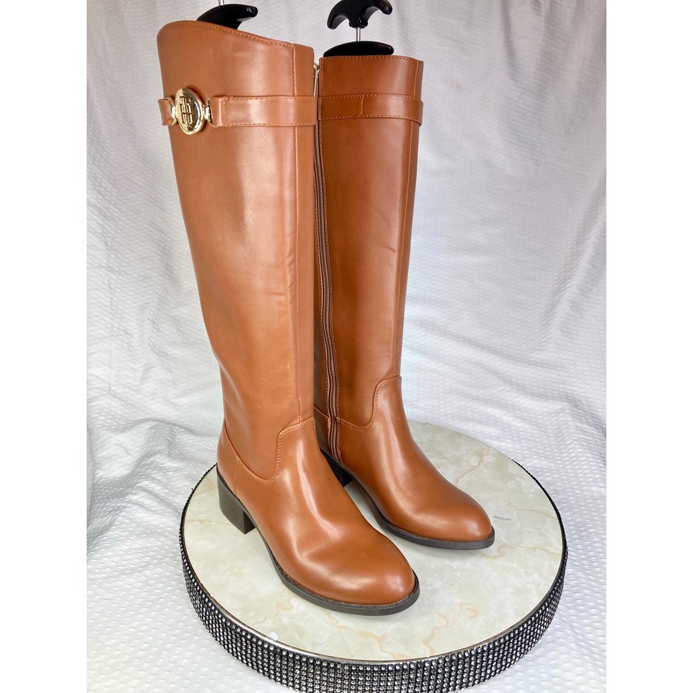 Tommy Hilfiger Dezy Knee High Riding Boots Womens 5.5 Cognac Brown Gold Logo New